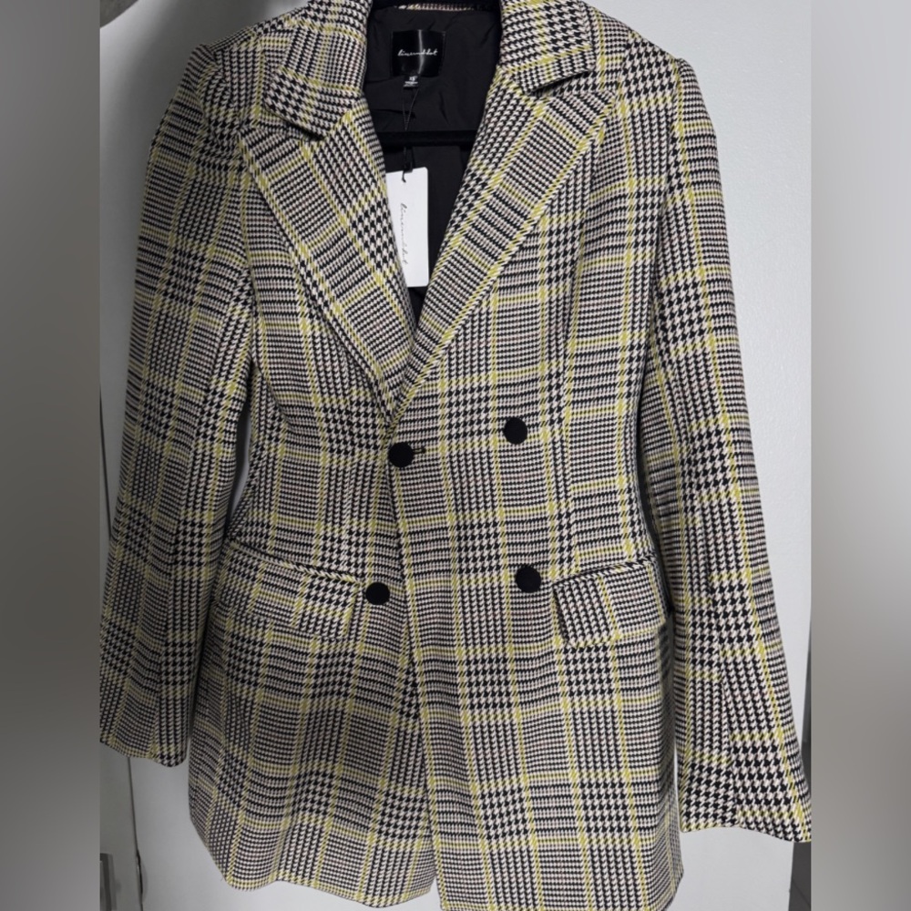 Lined & Dot XS Double Breasted Plaid Blazer Jacket Yellow Black White NWT .